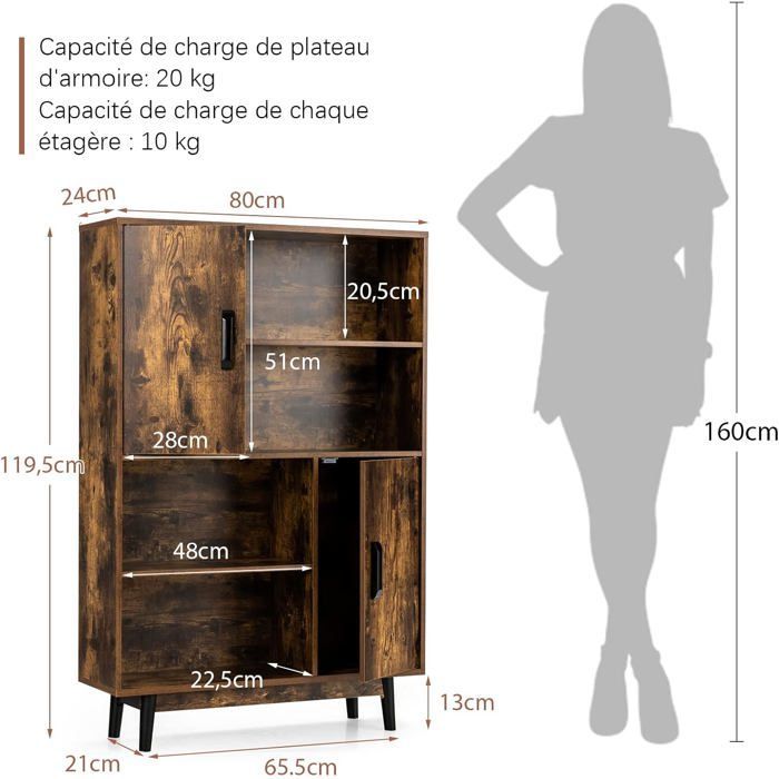 COSTWAY Bibliothèque à 4 Niveaux 80 x 24 x 119,5 CM, Meuble de Rangement avec portes, Étagères et Dispositif Anti-basculement, Café