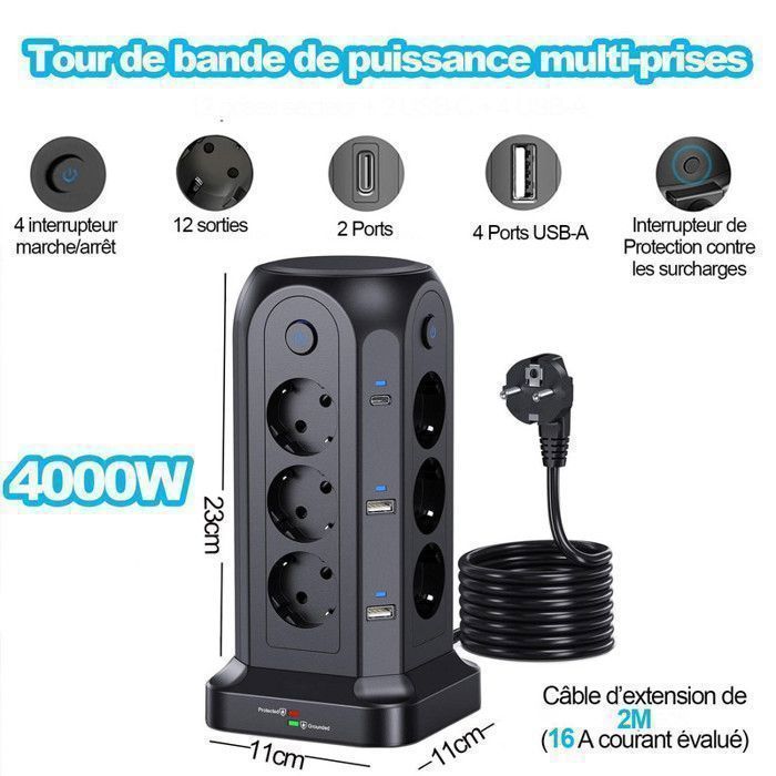BYONDSELF Power Strip - 4000W - 12 Outlets - 4 USB Ports - 2 Type-C Ports