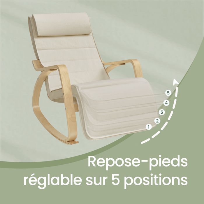 Fauteuil à Bascule avec Repose-Pieds, Réglable sur 5 Niveaux, avec Accoudoirs en Bois, pour Salon, Beige et Naturel