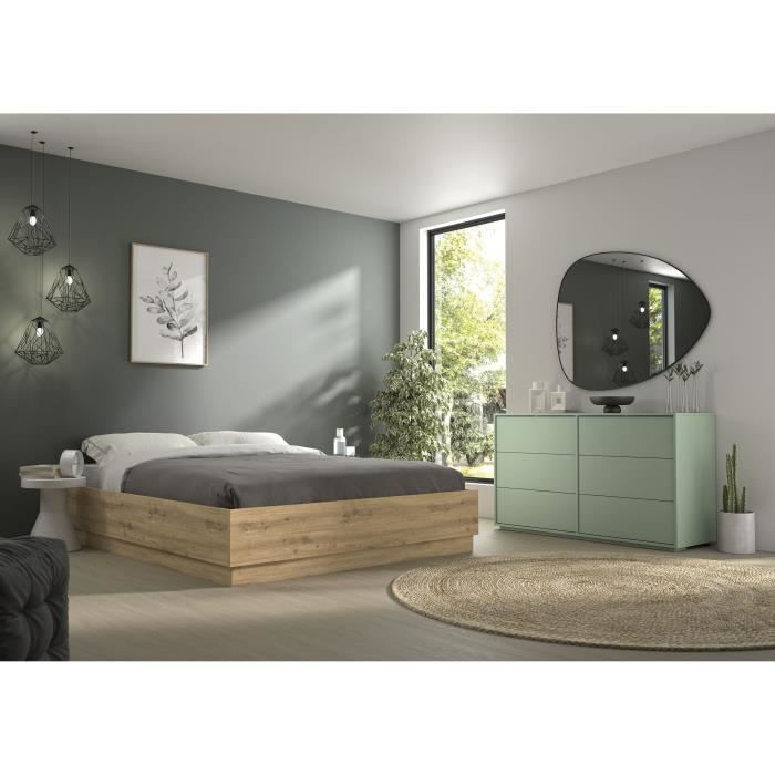 Cama con almacenamiento - TIDY - 160 x 200 cm - Roble / Crudo - Base de láminas incluida - GAMI