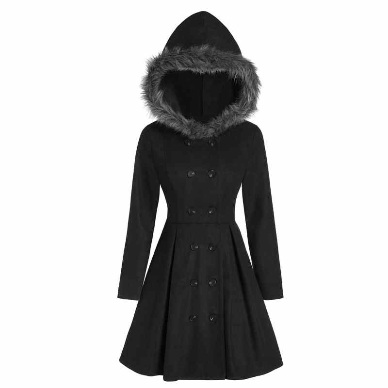 Giacca da donna a maniche lunghe in tinta unita con cappuccio, stile vintage, doppiopetto, slim, cappotto lungo, capospalla Chaqueta Mujer#g3