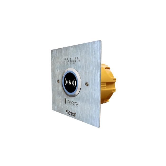 Botón infrarrojo iluminado montado en un panel frontal de acero inoxidable de 100x100 mm para una olla de 60 mm de diámetro.