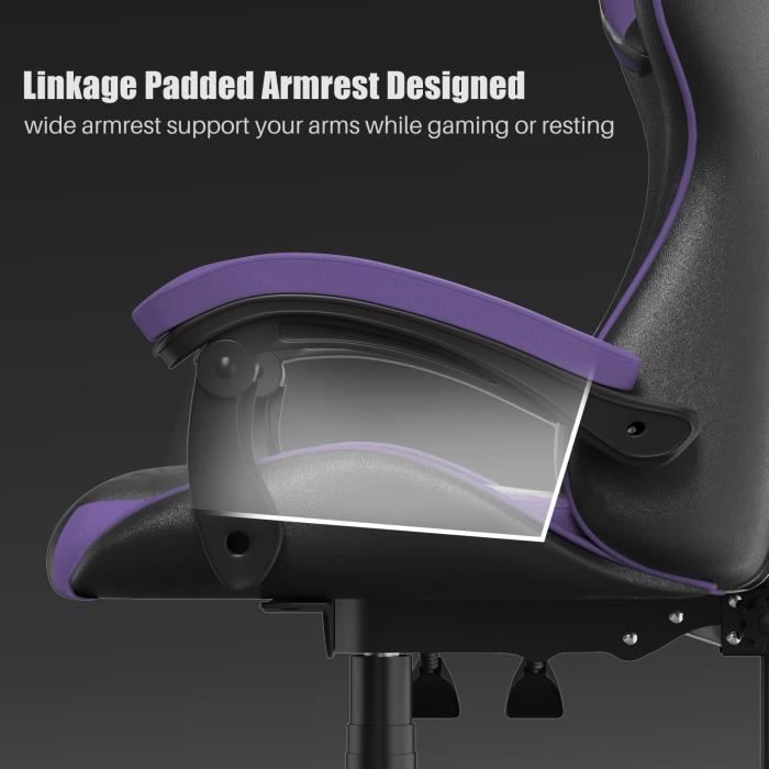 Sedia da gaming, sedia da ufficio ergonomica, sedia da gaming girevole, con cuscino e schienale, braccioli regolabili, nera e viola