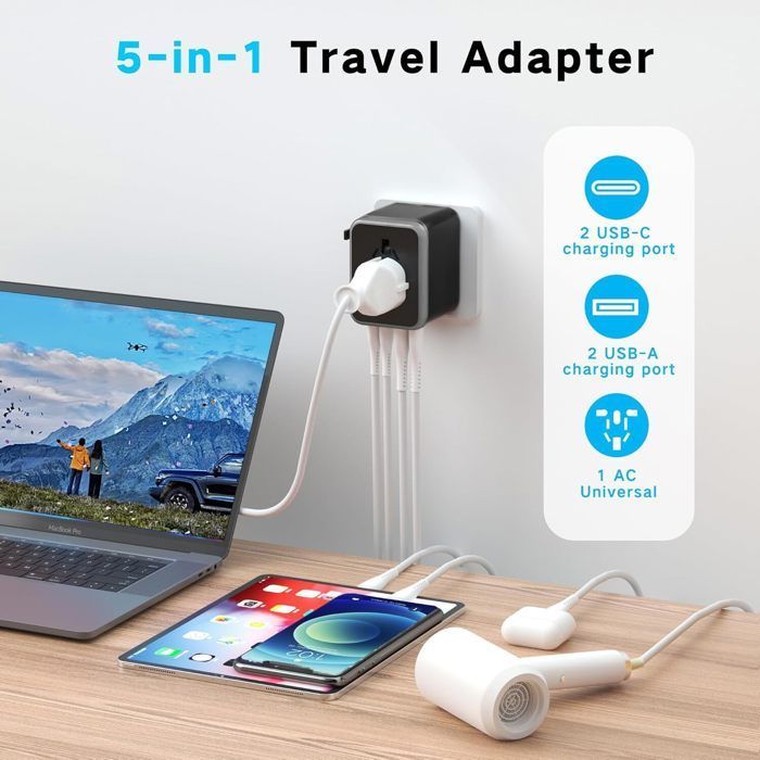 Adaptador de viaje - HAUTSTORE - Universal - 5 puertos - 2000 W - Seguridad mejorada