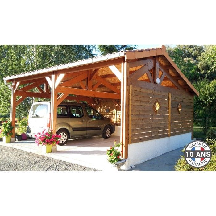 Carport Bois Douglas Français 25 m² – 2 pentes faitage décalé – 6 poteaux – Abri  extérieur véhicules – Garantie 10 ans