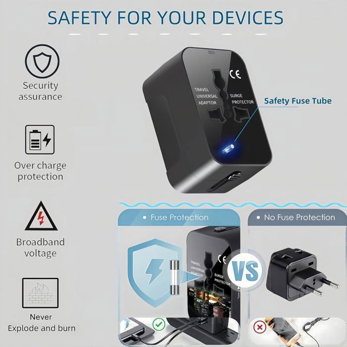 Universal global travel adapter wall charger with USB-C and USB charging ports for USA, EU, UK, and Australia