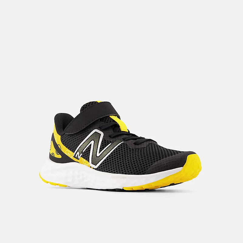 Enfant Fresh Foam Arishi v4 Bungee Lace cu curea superioară - Negru cu gălbenele aprinse
