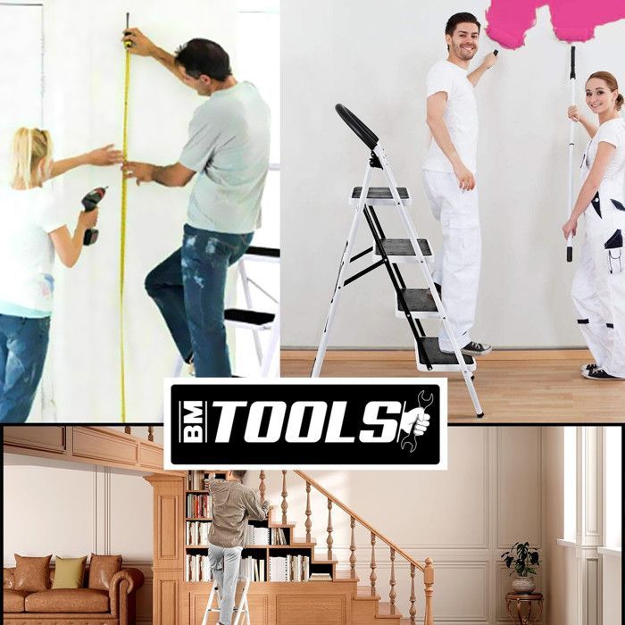 BM TOOLS BMT-ESC4 - Roestvrijstalen 4-treden ladder, werkhoogte: 95 cm, gemakkelijk op te bergen, antislip treden en handgrepen.