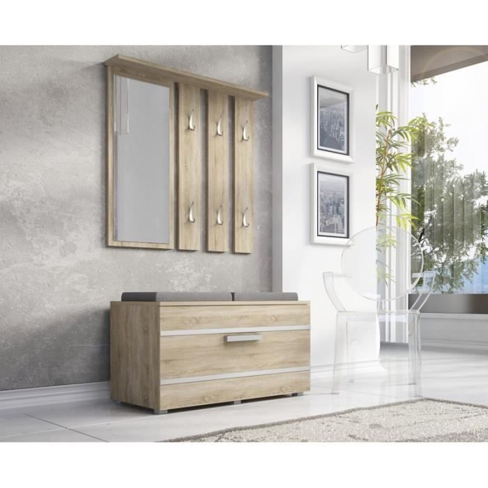 KATHI - Hallway furniture with mirror and bench - Dimensions 41x85x180 cm - Shoe storage bench - 6 hooks - Coat rack