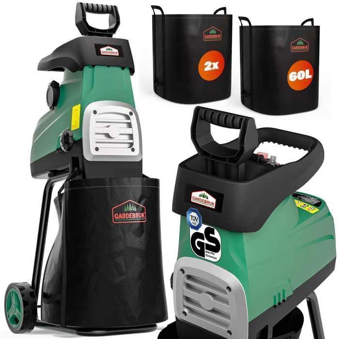 GARDEBRUK® Trituratore di legno e rami silenzioso da 3100 W, diametro massimo dei rami 44 mm, 2 contenitori di raccolta da 60 litri, trituratore di rami elettrico