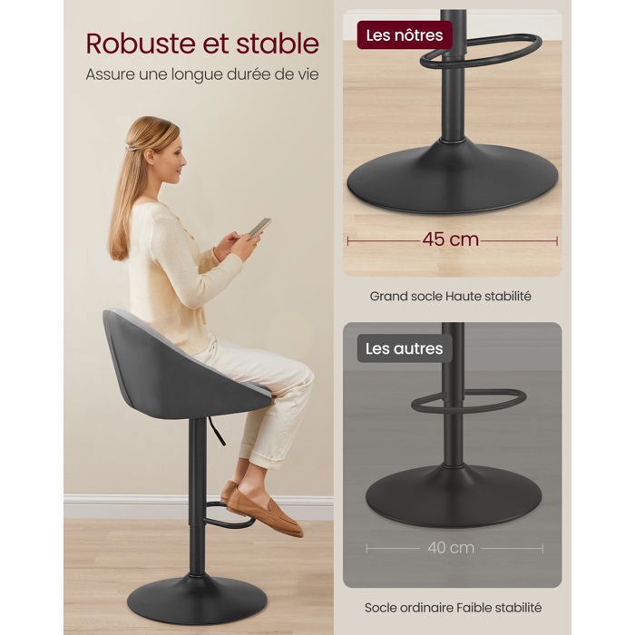 Sgabello da bar, set da 2, regolabile in altezza, girevole a 360°, con schienale, base e poggiapiedi, in acciaio, grigio tortora