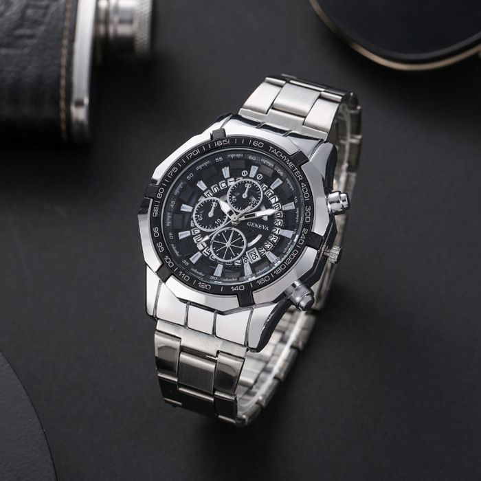 Conjunto de regalo SHARPHY para hombre: reloj + pulsera de perlas - Cronógrafo con calendario, pulsera de acero plateado, regalo de cumpleaños.