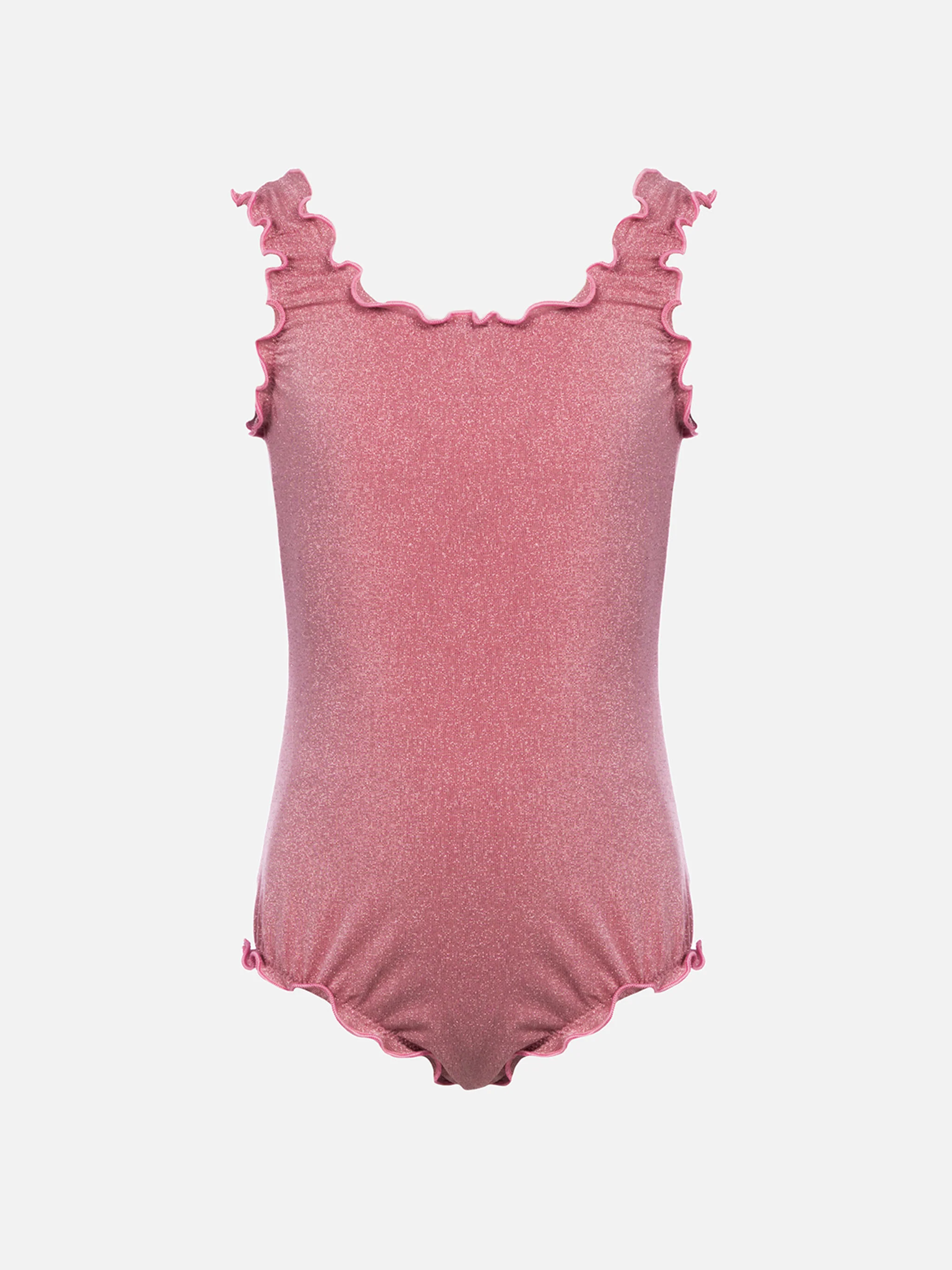 Clio badpak uit één stuk van lurex met contrasterende ruches