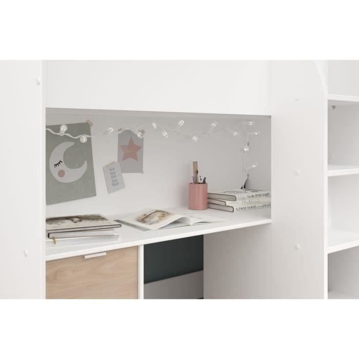 Cama alta infantil - TOM - Blanca y roble - Armario, escritorio y base de cama incluidos