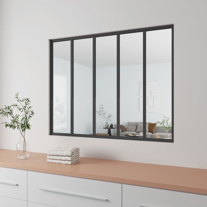 AICA Workshop-Style Glass Partition in Matte Black Aluminum 153x108cm - 4mm Tempered Glass - 5 Panes - Fixed Glass Partition - Glass Partition and Glazing Kit