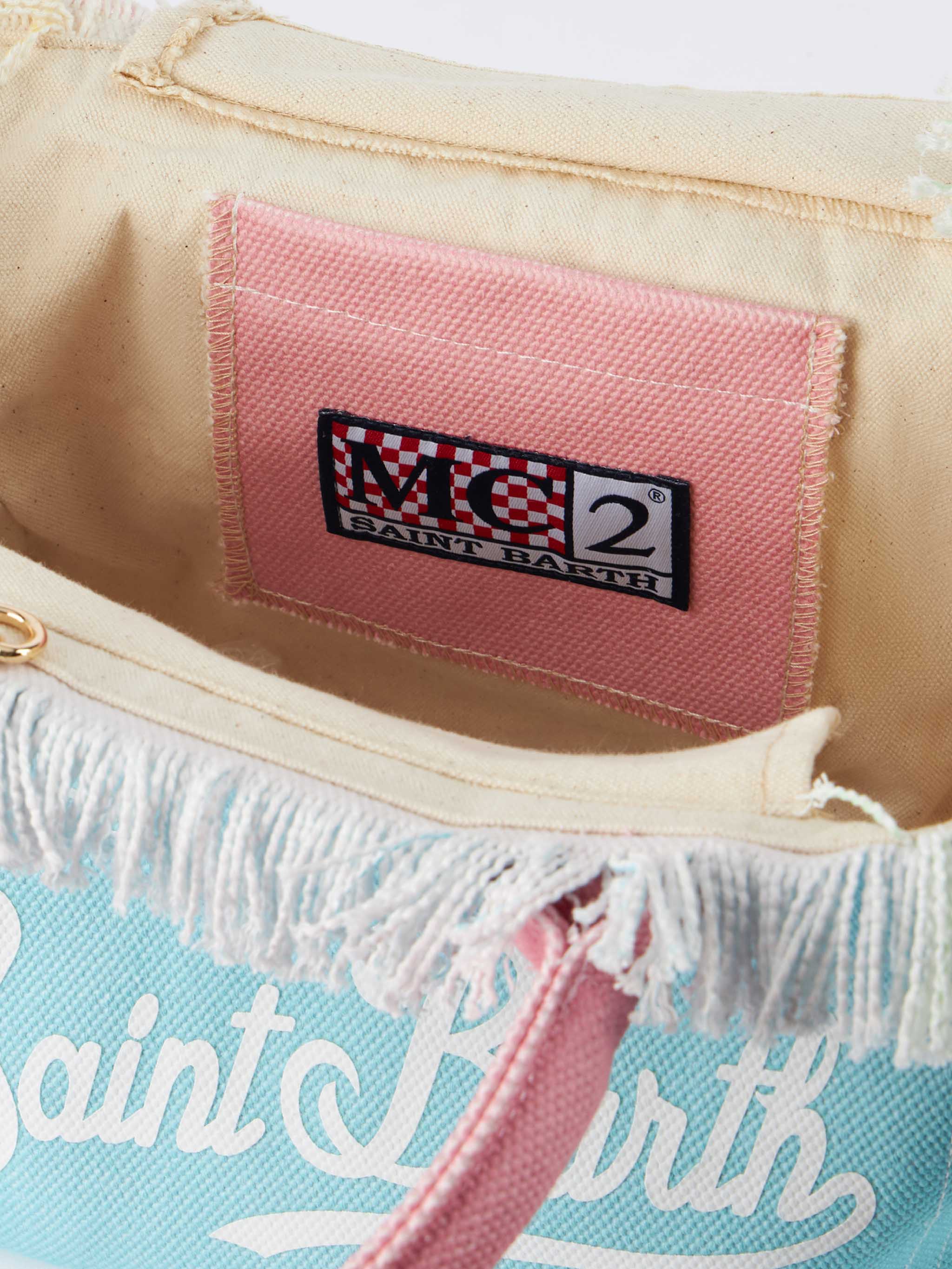 Bolsa Colette em lona de algodão com franjas - Aplique multicolorido com o logotipo rosa de Saint Barth e bolso com zíper | MC2 Saint Barth