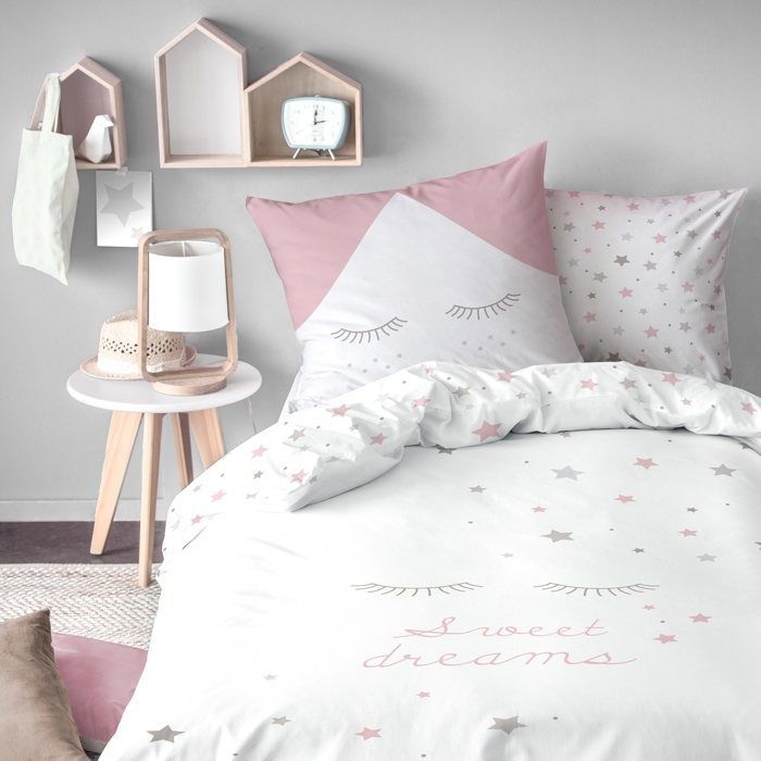 Juego de ropa de cama infantil 100% algodón - MATT & ROSE - SWEET DREAMS PINK - Blanco/Rosa - 140x200+63x63cm