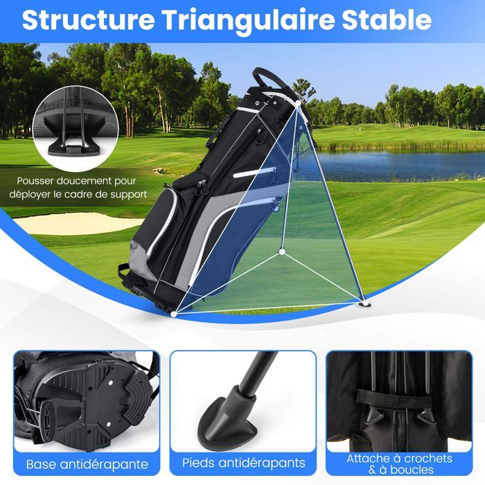 COSTWAY Tripod Golf Bag - Rainproof Hood - 14-Way Top Dividers - 6 Pockets - Insulated Bag - Double Straps - Grey