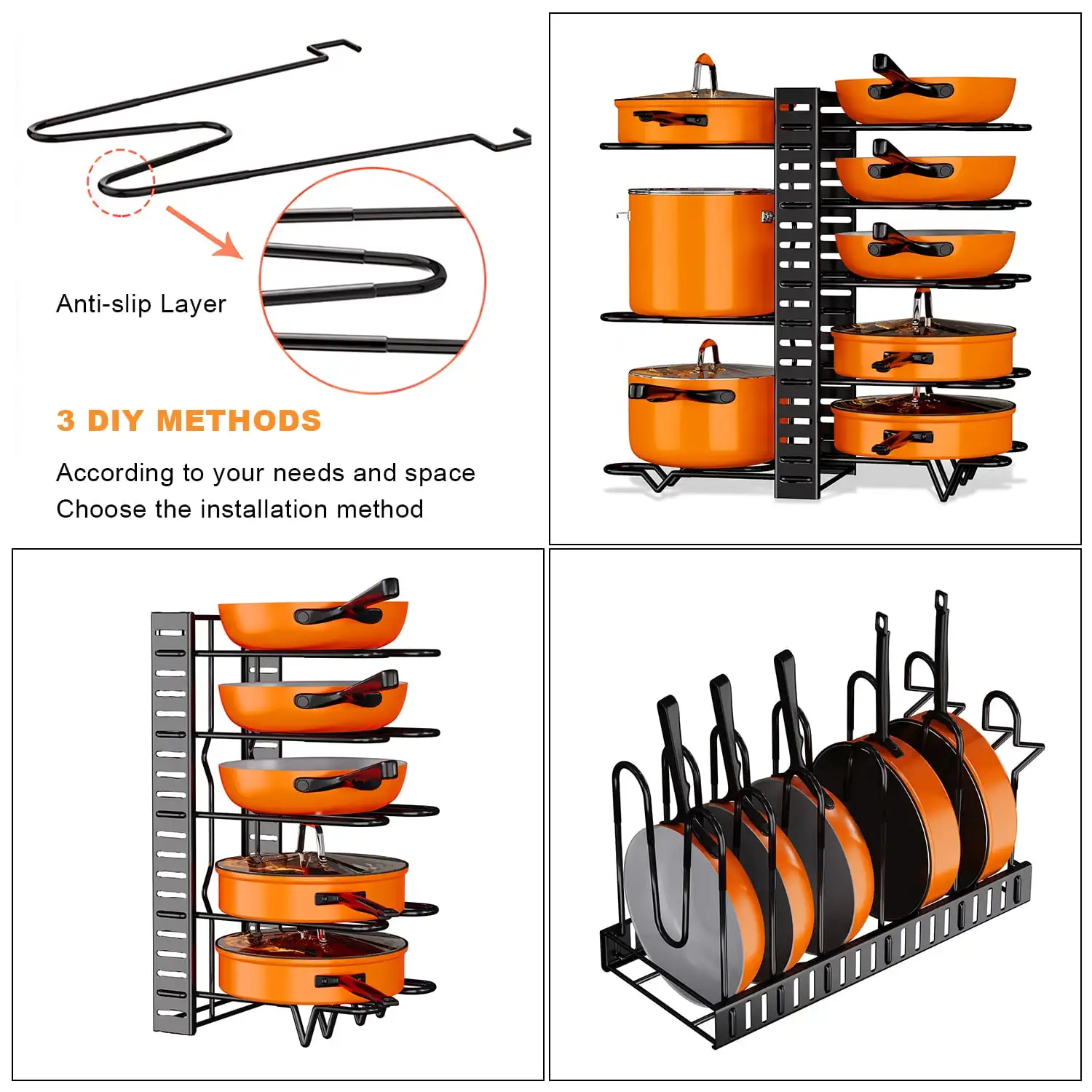 Étagère de rangement pour casseroles et poêles à 8 niveaux, boîte de rangement en métal pour placard de cuisine, idéale pour Noël