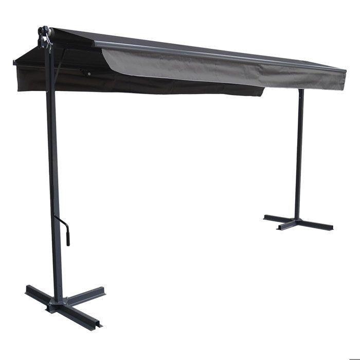 FRENE double-sloped awning on legs 3.95 x 3 m - Anthracite fabric and grey frame