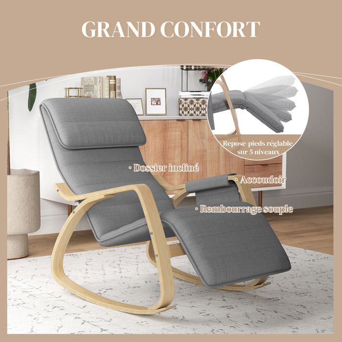 Sillón reclinable mecedor/silla de lactancia con reposapiés ajustable, bolsillo lateral y reposacabezas, color gris.