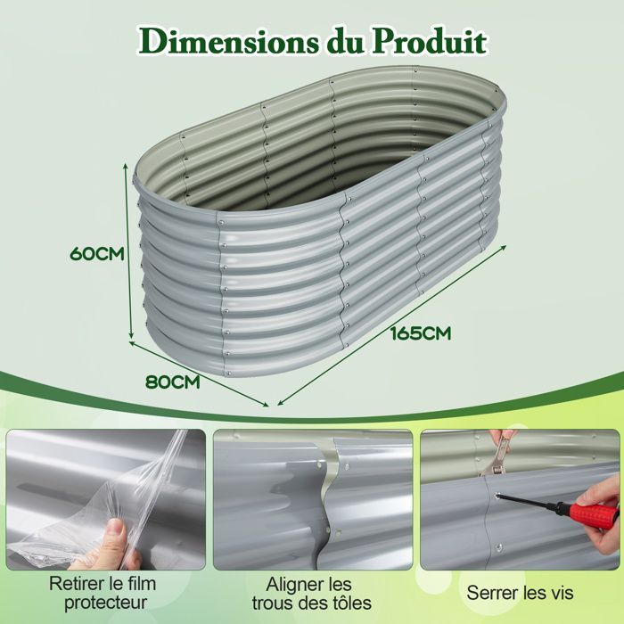 Carré Potager en Métal Galvanisé - RELAX4LIFE - Résistant à la Rouille - Jardinière Surélevé sans Fond - 165X80X60CM - Gris