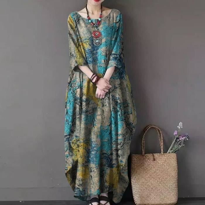 Robe longue en coton à imprimé Floral pour femme surdimensionné décontracté et élégant à manches longues Bleu