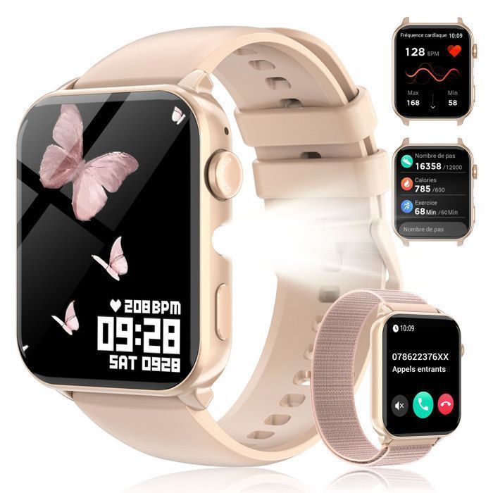 FeipuQu Montre Connectée Femme Appel 1.91' HD Smartwatch avec Lampe de poche Assistant vocal IP68 Pédomètre 120+ Sport