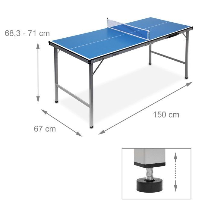 Tavolo da ping-pong midi (150 x 67 x 71 cm), set da 3 pezzi per uso interno/esterno, comprensivo di palline, 2 racchette e rete, colore blu.