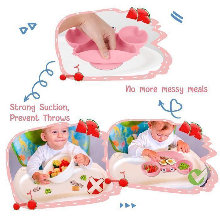 Assiette BéBé Ventouse, Assiette BéBé En Silicone Avec 3 Compartiments, Lavable Au Lave-Vaisselle Et Au Micro-Ondes(Rose)