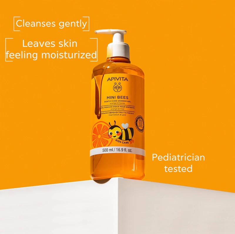 Apivita Mini Bees Gel de Banho Suave Infantil Laranja e Mel, para o corpo e cabelo das crianças.