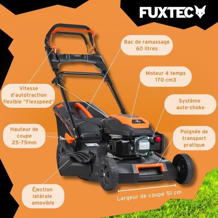 Rasaerba semovente a benzina FUXTEC 170cc, larghezza di taglio 51 cm, velocità regolabile, sacco di raccolta erba da 60 litri, facile da pulire – FX-RM5170PRO