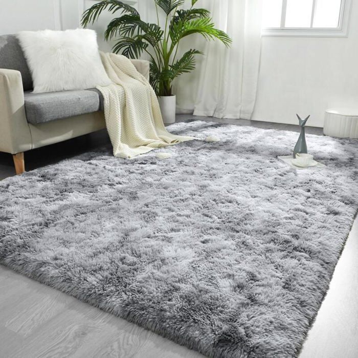 Alfombra de pelo largo para salón - PZCC - 200x300 cm - Gris - Antideslizante - Pelo largo - Suave - Lavable - Moderna
