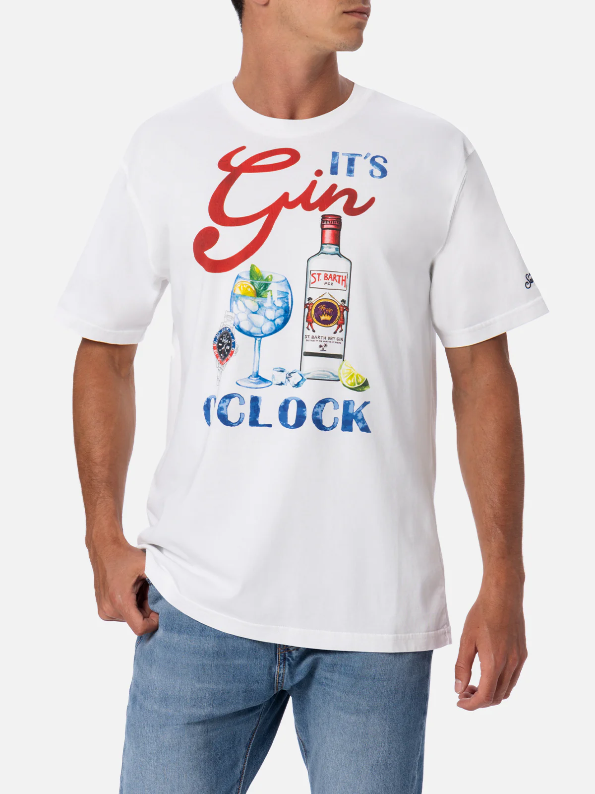 Heren katoenen T-shirt met 'It's Gin O'Clock'-print, wit, stukgeverfd, ronde hals, korte mouwen, logo-borduurwerk – 100% katoen | MC2 Saint Barth