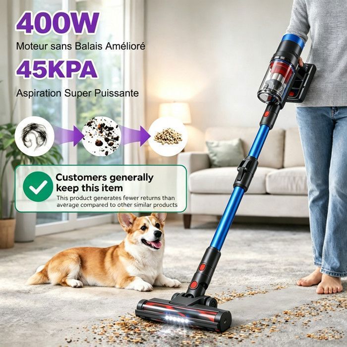 Stick vacuum cleaner - MONMECD - 400W - Cordless - 45kPa - 60 min battery life