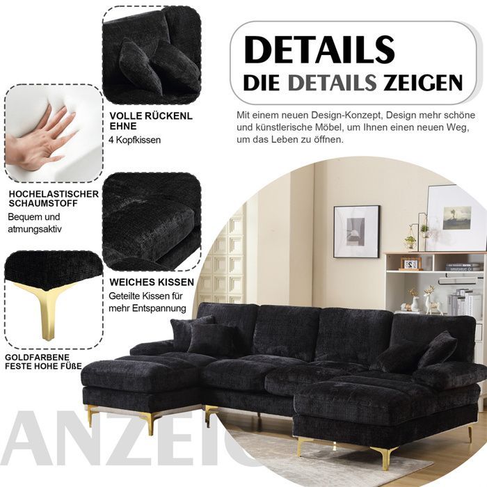 DRIPEX Canapé 4/5 Places en tissu chenille,Canapé Moderne en forme U avec 4 coussins pour salon,chambre,Noir