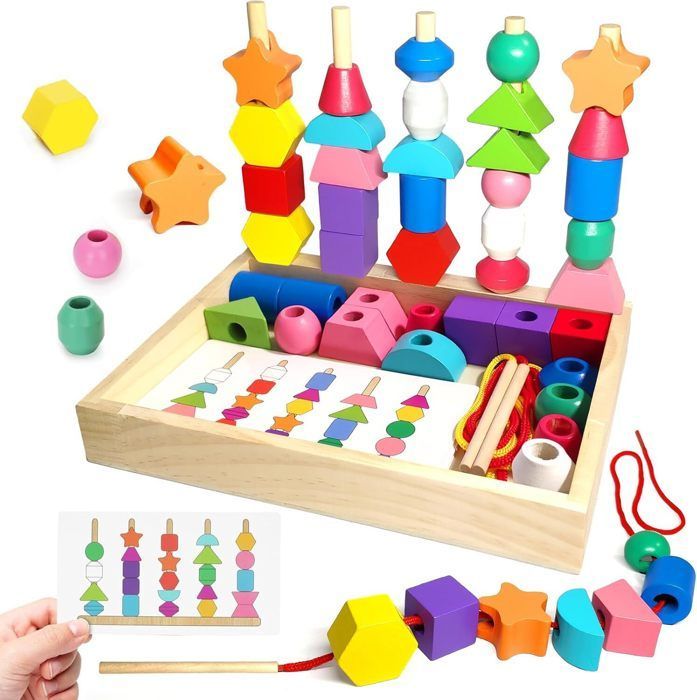 Juguete infantil para niños de 3 años: juguetes de madera para ensartar y ensartar 3 en 1, juguetes apilables y para ensartar, juegos Montessori para niños de 2 años, juego educativo 2