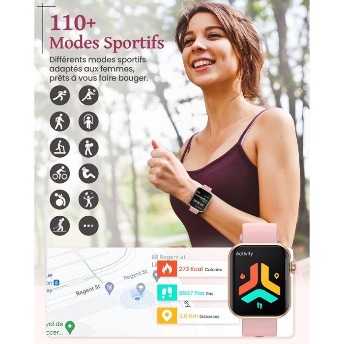 AIMIUVEI Montre Connectée Femme 1,83'' avec Appel Bluetooth/4 Bracelet/110+Modes Sportifs/Sommeil/Podometre/Fréquence/SpO2/IP68
