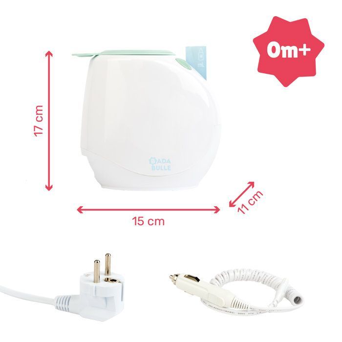 Badabulle - Scaldabiberon portatile Easy(+) - Per uso domestico e in auto, adattatore incluso - Universale - Misurino e cestello inclusi