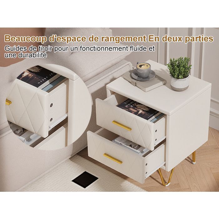 Lot de 2 Tables de Chevet,Table de Chevet avec 2 Tiroirs,Meuble de Chevet,Chevet de Lit avec Pieds en MéTal,35.5x41x51cm,PU,Blanc