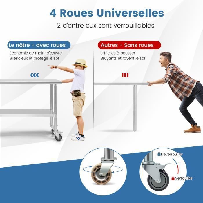 COSTWAY Table de Cuisine en Acier Inoxydable à Roulettes Verrouillables 122x61x90cm Etagères Inférieure Réglable Plan de Travail