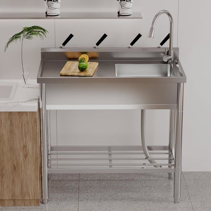 Évier Cuisine 1 Bac avec Établi Acier Inoxydable sur Pied, Cuve avec Chaud/Froid Robinet, Égouttoir pour Cuisine 100 * 51 * 95 cm