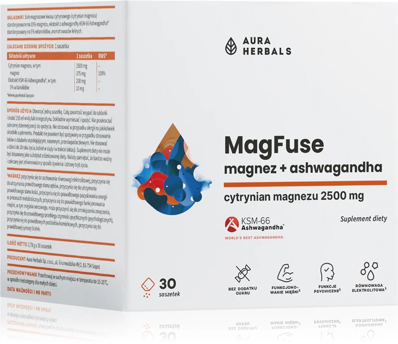 Vrečke prehranskega dopolnila Aura Herbals MagFuse + Ashwagandha za podporo telesnemu in duševnemu ravnovesju