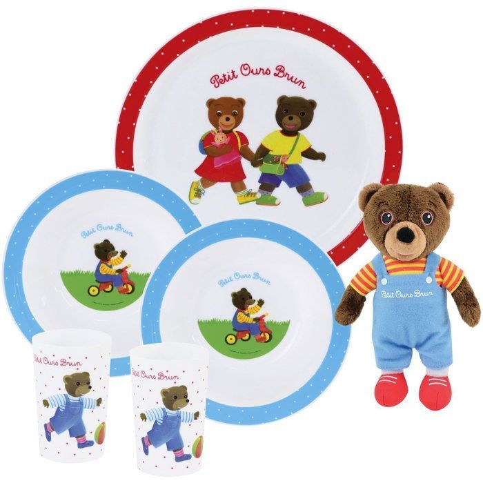 Lot vaisselle - FUN HOUSE - PETIT OURS BRUN - Assiette plate Ø 22 cm, 2 assiettes creuses Ø 16 cm, 2 verres 220 ml et peluche 18 cm