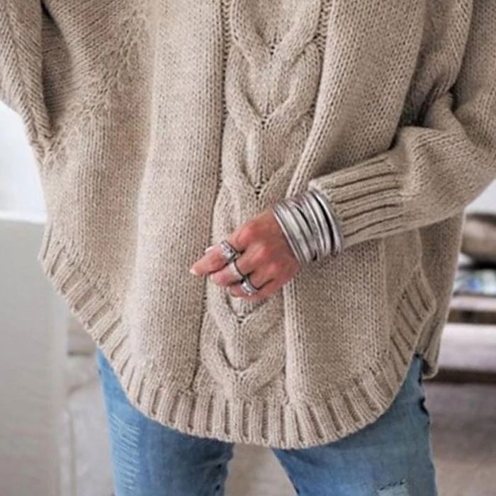 Maglione da donna in maglia - INSFITY - Vestibilità ampia - Collo alto - Maniche lunghe - Kaki