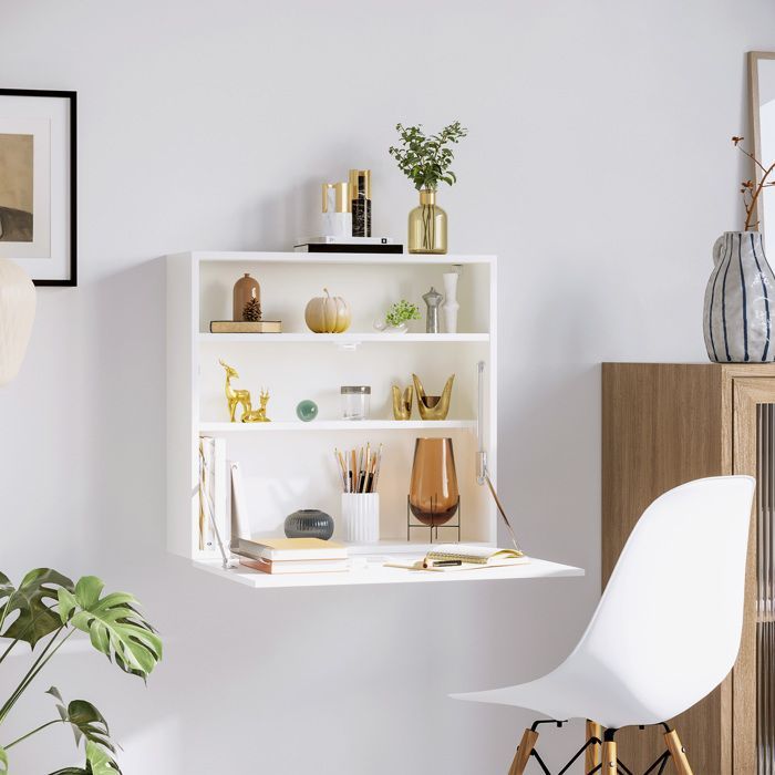 HOMCOM Wall-Mounted Desk - Folding Shelf with 3 Space-Saving Storage Compartments - Wood - 64x20x60cm - White