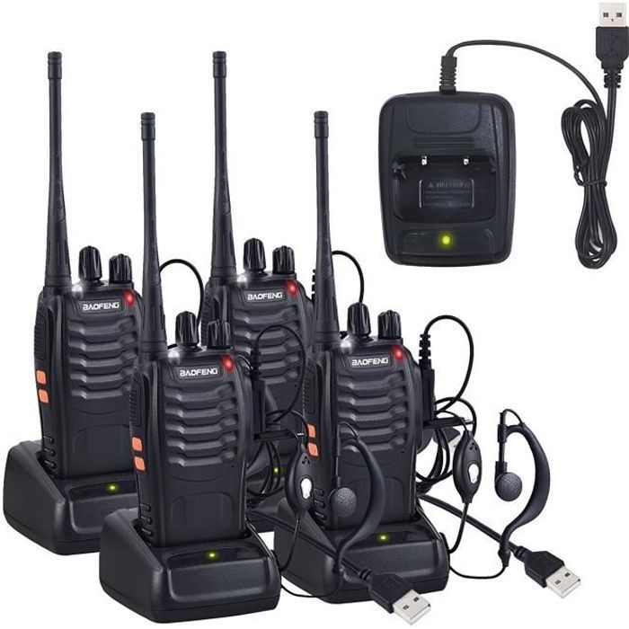 4 x Talkie Walkie Deux Voies Radio UHF 400-470MHz Walkie Talkie Avec Ecouteurs Originaux Transmetteur Portatif FM 16 Chaînes - Noir