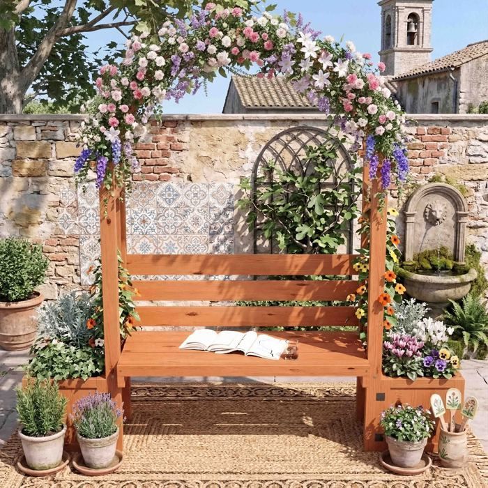 Garden Bench with Arch & Planters - 160x30.5x160cm - 3-in-1 Design - Natural Fir Wood