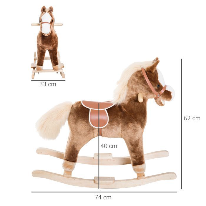 Caballo balancín - HOMCOM - Silla de montar vaquera cómoda para niños de 36 meses en adelante - Peluche suave - Madera - Capacidad de carga de 40 kg - Marrón y blanco
