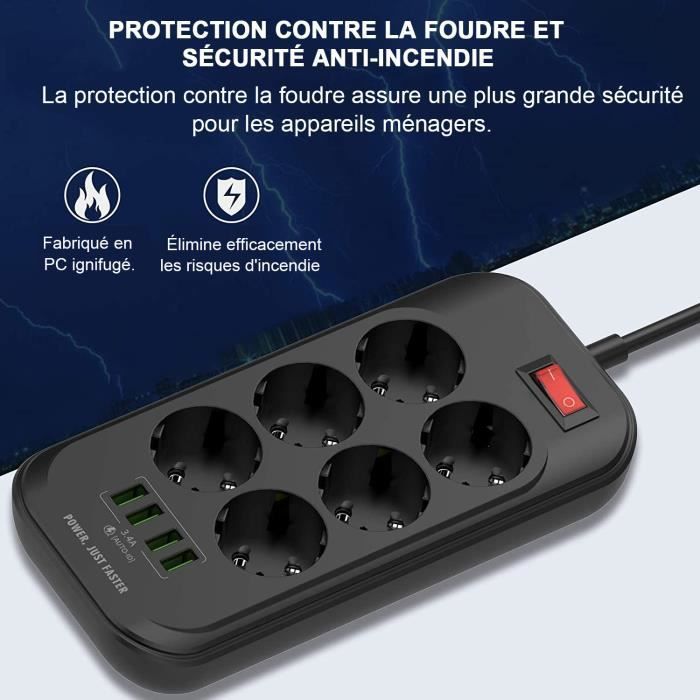 Regleta USB AUDBURN - 6 tomas de corriente - 4 puertos USB - Protección contra sobretensiones